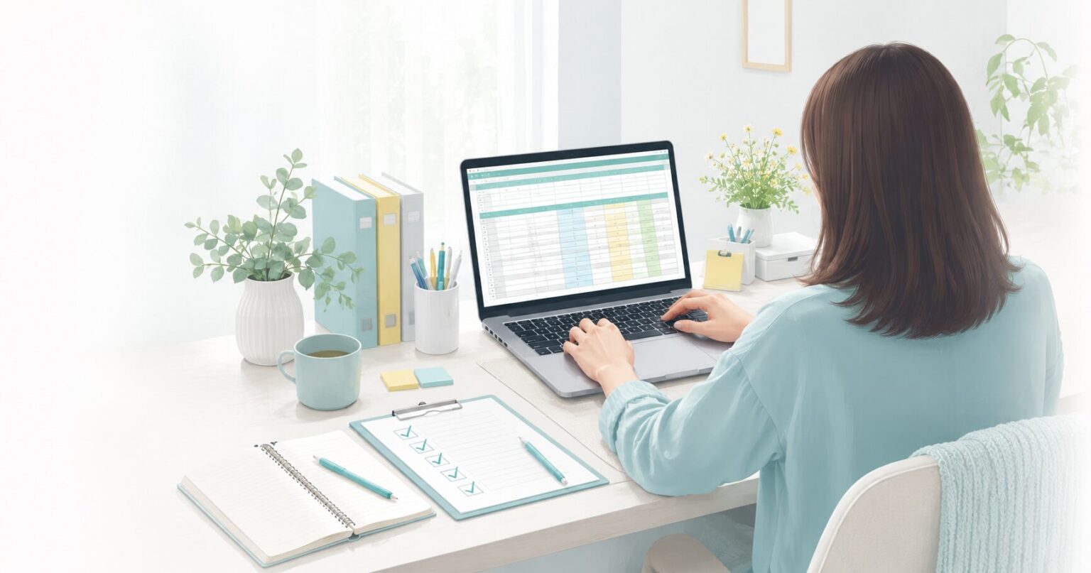 Excelとデータ整理に取り組む在宅ワーク用のデスク