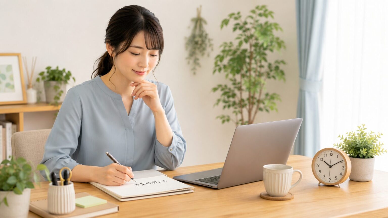 ノートに作業時間メモを書きながら在宅ワーク準備をする女性