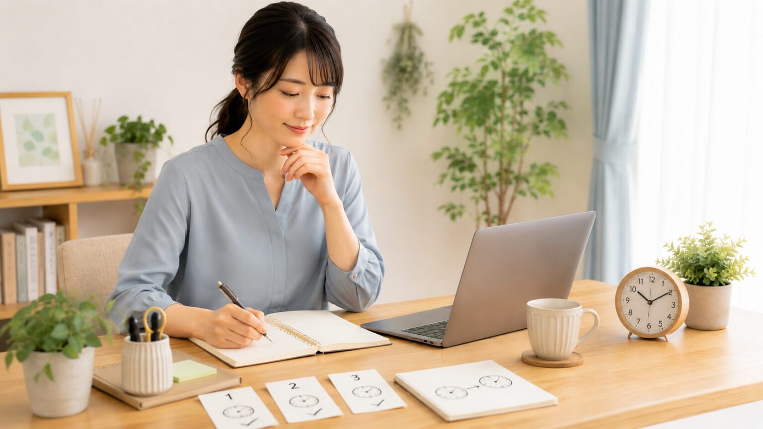 3回分の作業カードと時計を使って作業時間の目安を作る様子