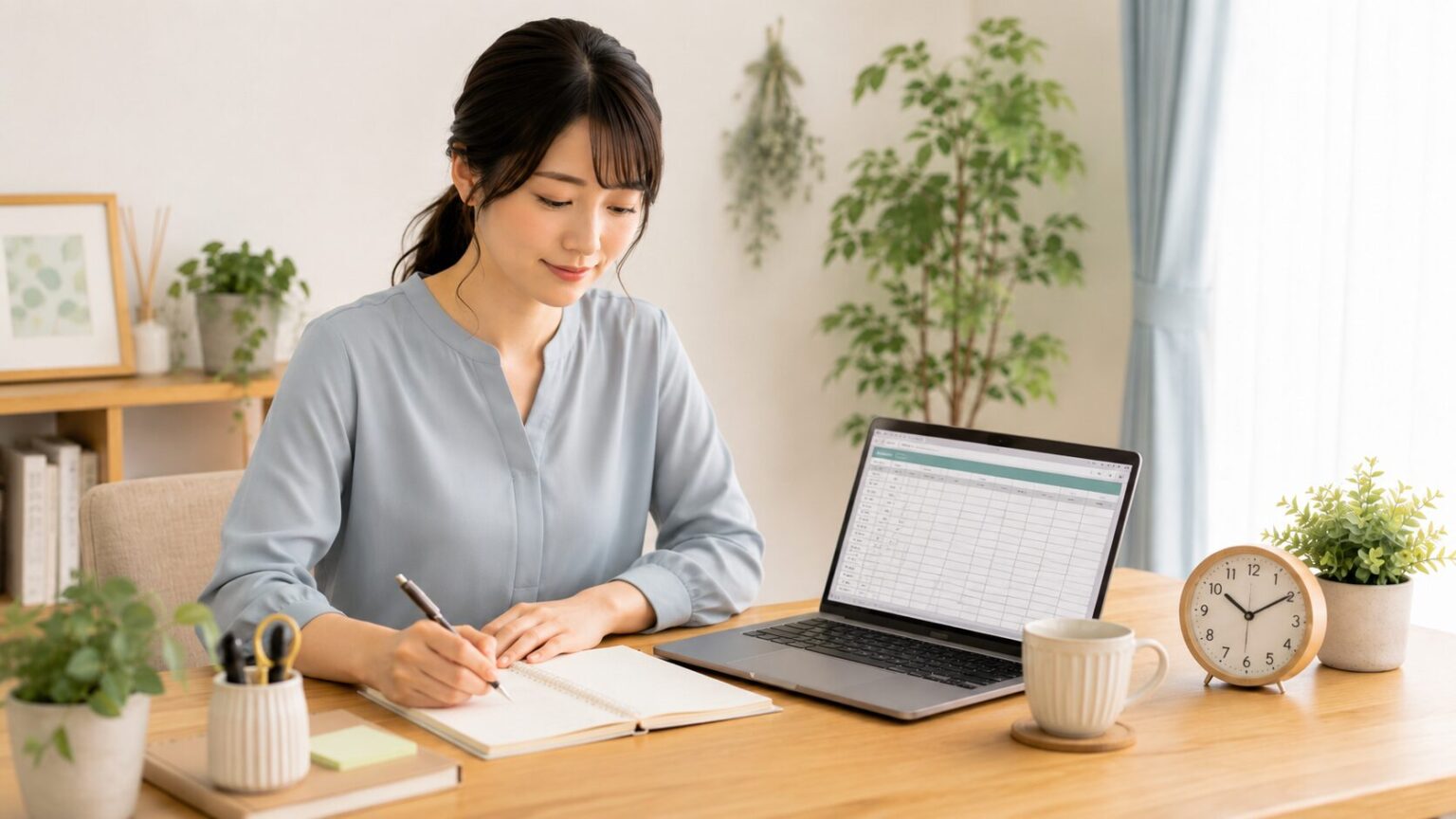 Excel画面とノートを見ながら作業時間メモを記録する女性