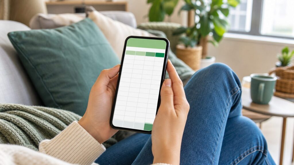 ソファでスマートフォンの表計算アプリを確認する様子