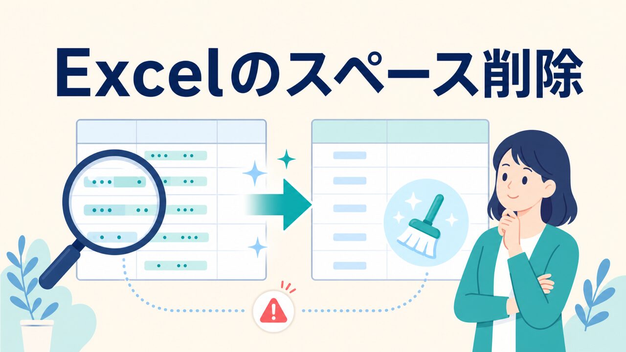 Excelで全角・半角スペースを削除する方法を示すアイキャッチ