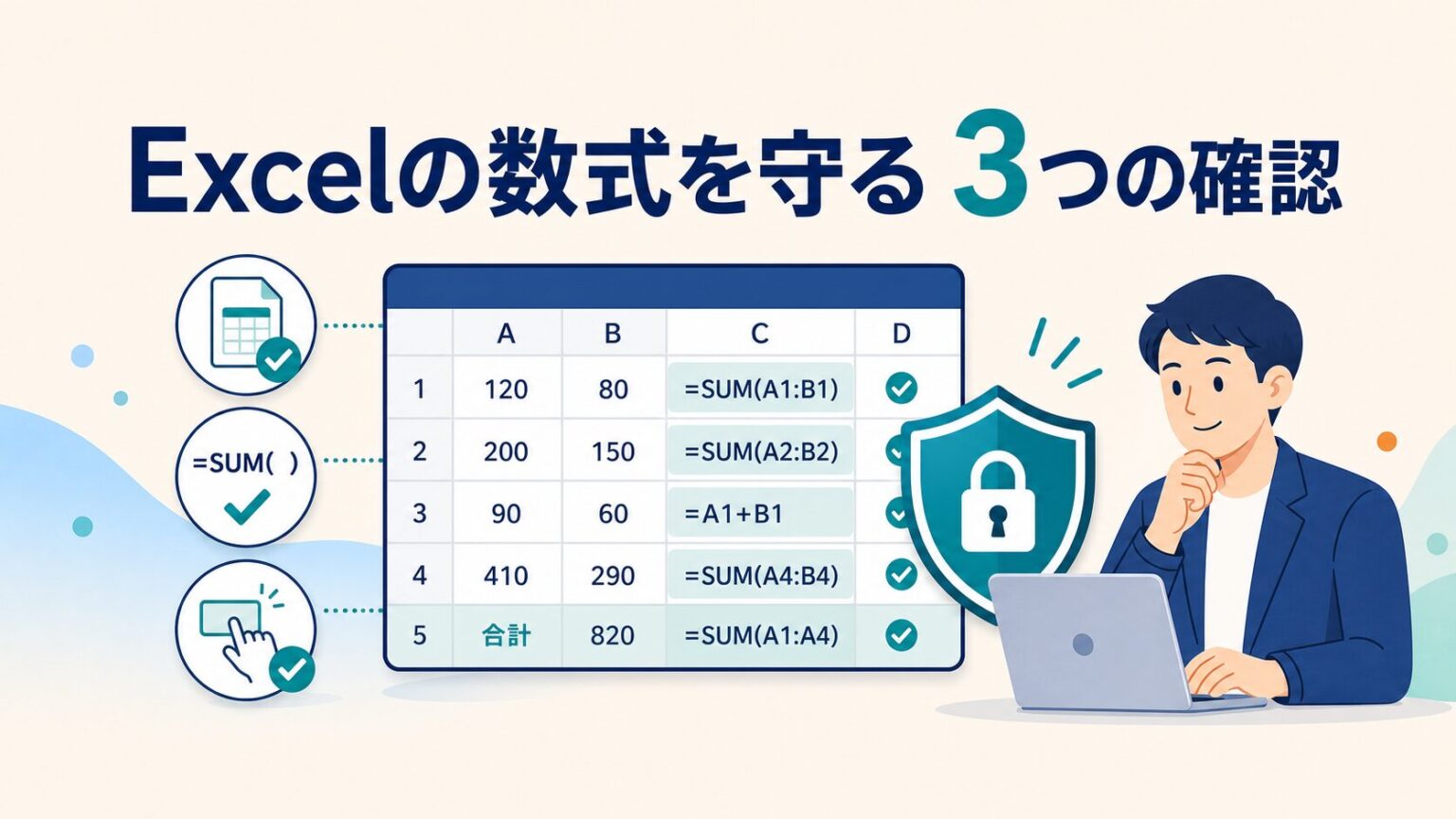 Excel入力で数式を消さない3つの確認を示す図
