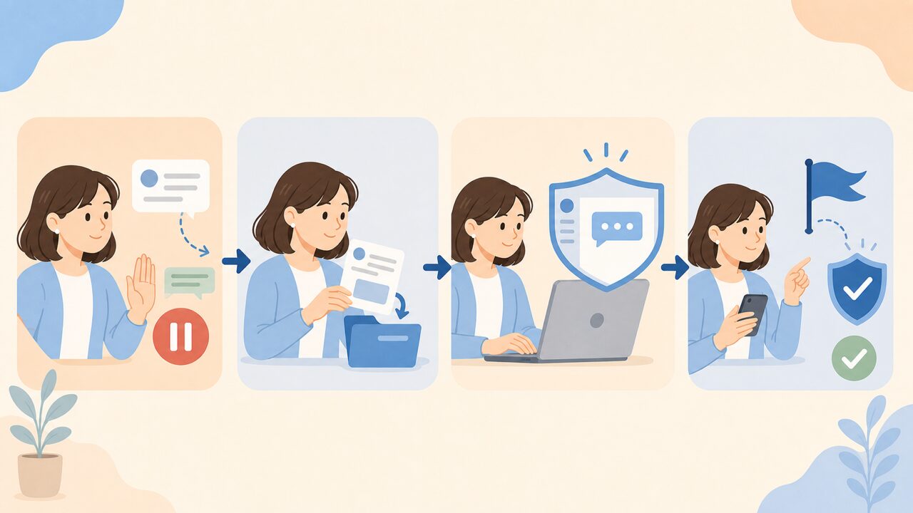 外部連絡への誘導を止めて記録・サイト内返信・運営報告する4段階の流れ