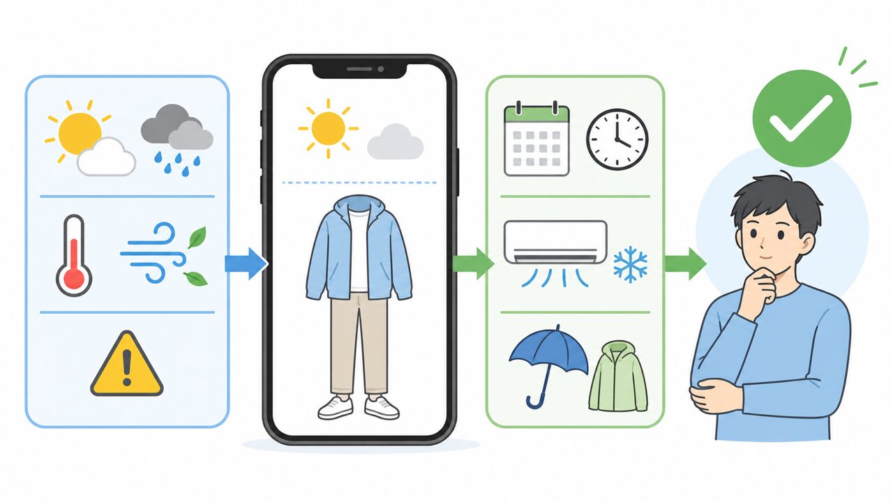 AIの服装提案を天気予報と自分の予定で確認する流れ