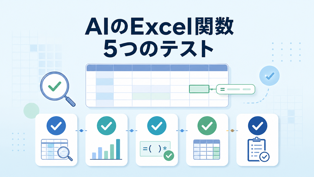 AIが作ったExcel関数を5つのテストで確認するイメージ