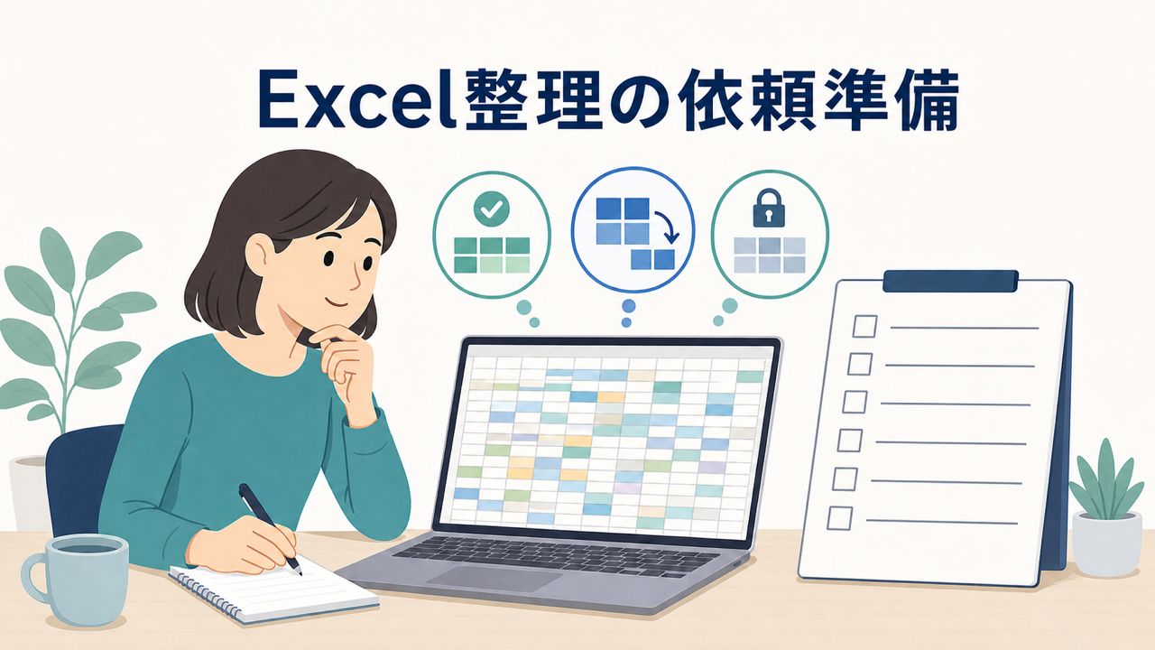 Excel表の整理依頼に向け、見づらい表と6項目の確認メモを見比べる様子