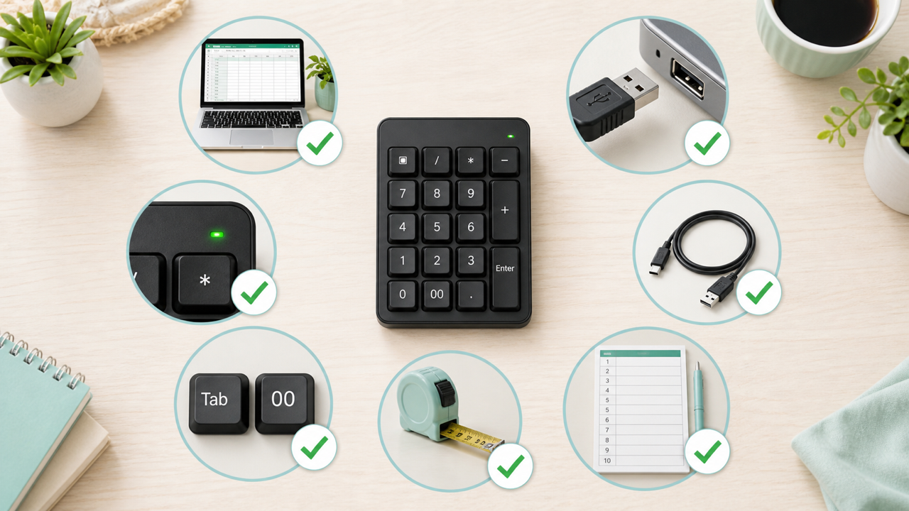 外付けテンキー購入前に確認するパソコン、USB端子、ケーブル、NumLock表示、Tab・00キー、サイズ、動作確認の図