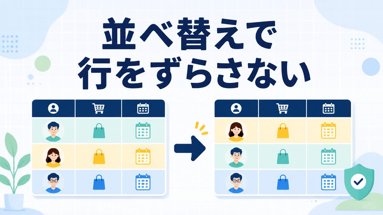 Excelの表を行ごと安全に並べ替える確認を表した図