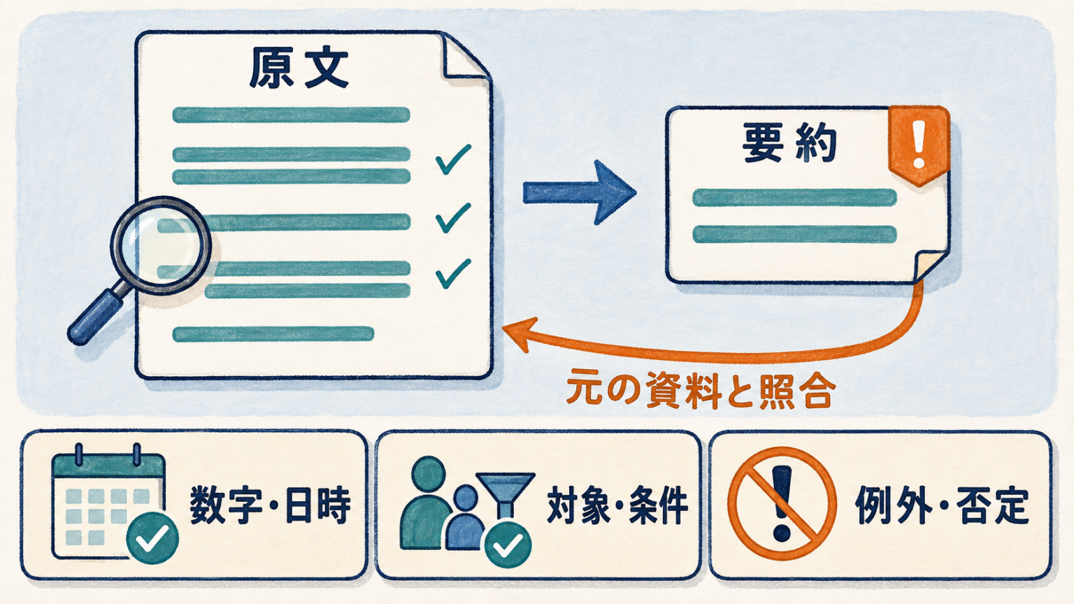原文から作った要約を元の資料と照合し、数字・日時、対象・条件、例外・否定を確認する流れ