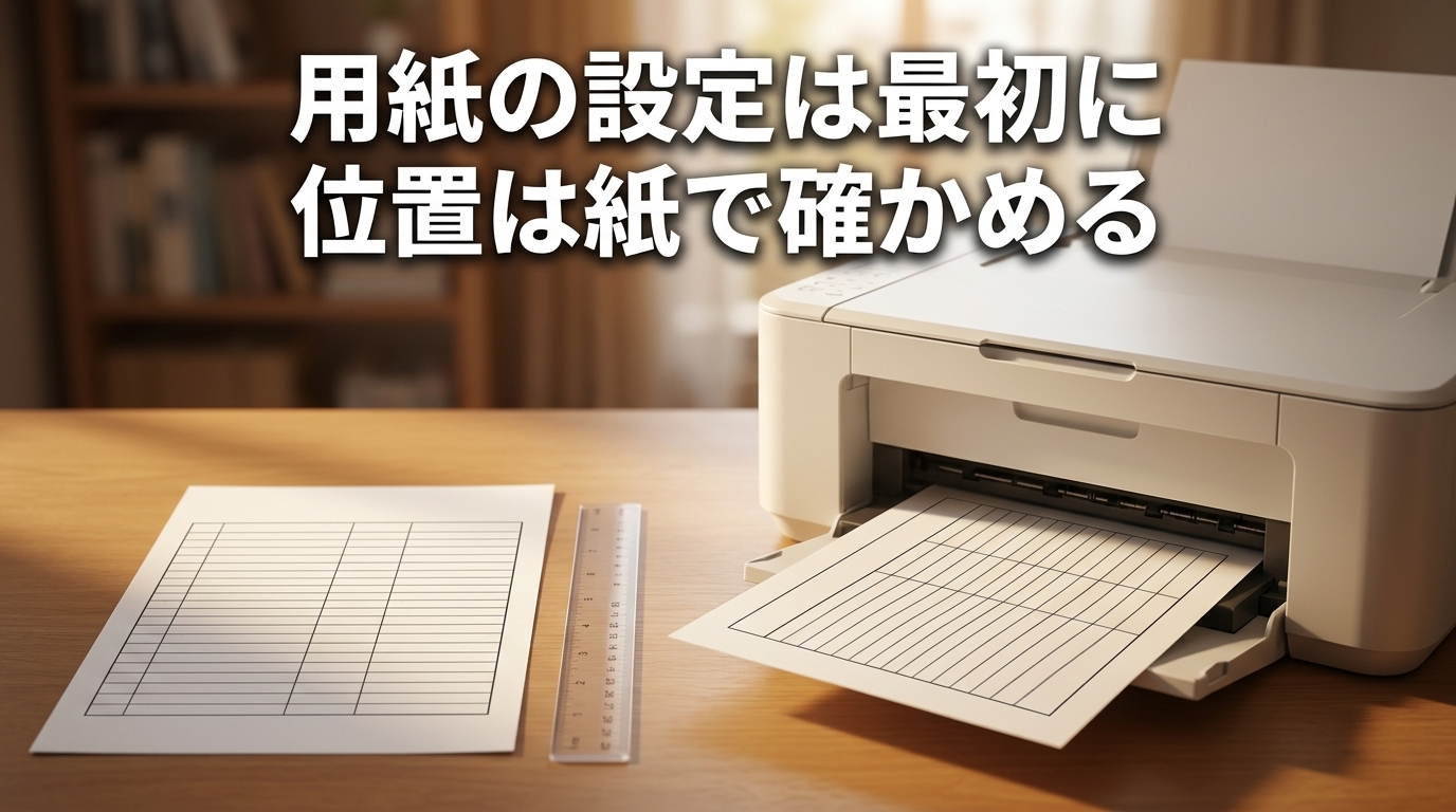 罫線だけの記入用紙と透明な定規、家庭用プリンターから出てきたばかりの1枚が並ぶ机に、「用紙の設定は最初に 位置は紙で確かめる」という見出しを添えた生成イメージ