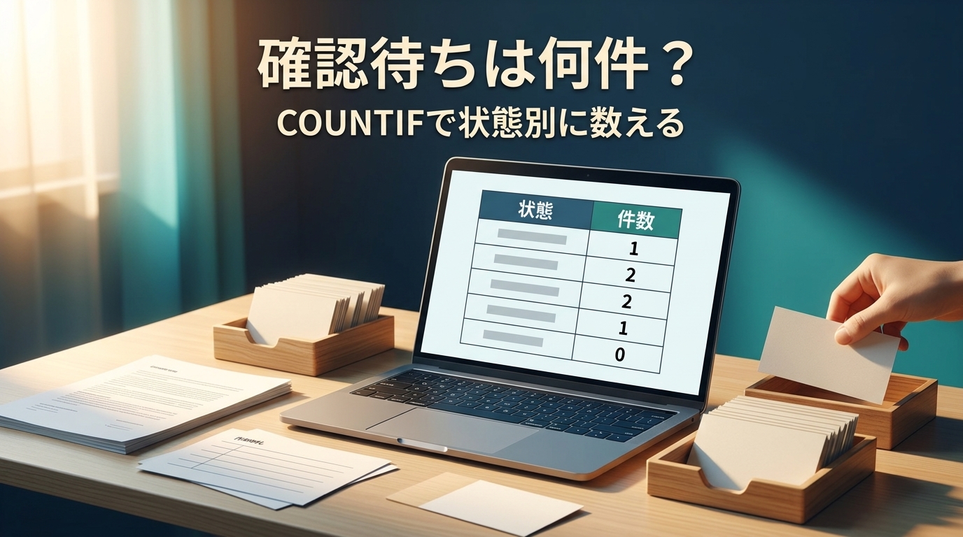 確認待ちは何件?COUNTIFで状態別に数える、という見出しと作業札を整理する生成イメージ