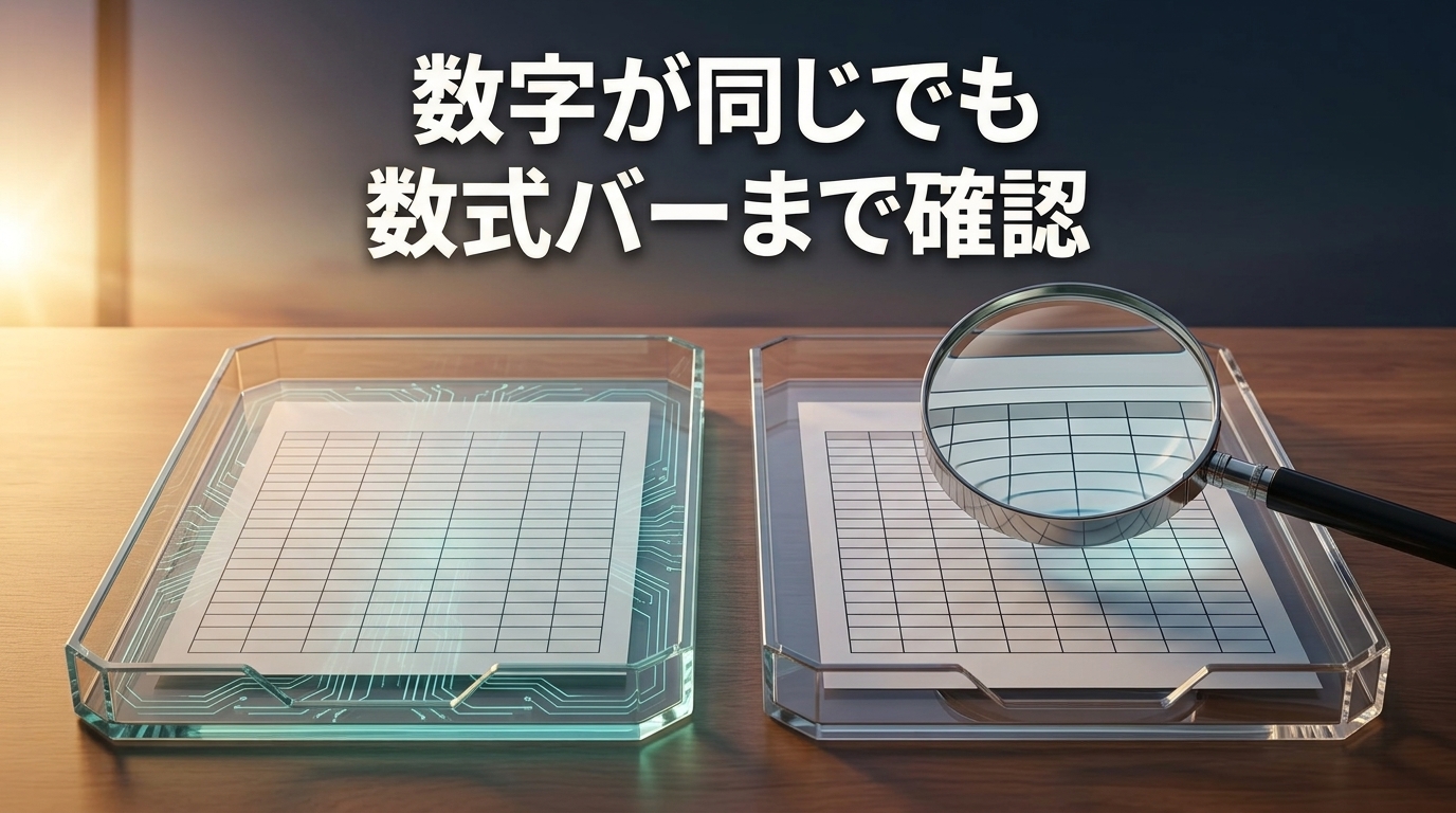 二つの表と拡大鏡で、値貼り付け後は表示された数字だけでなく数式バーまで確認することを示す概念図。