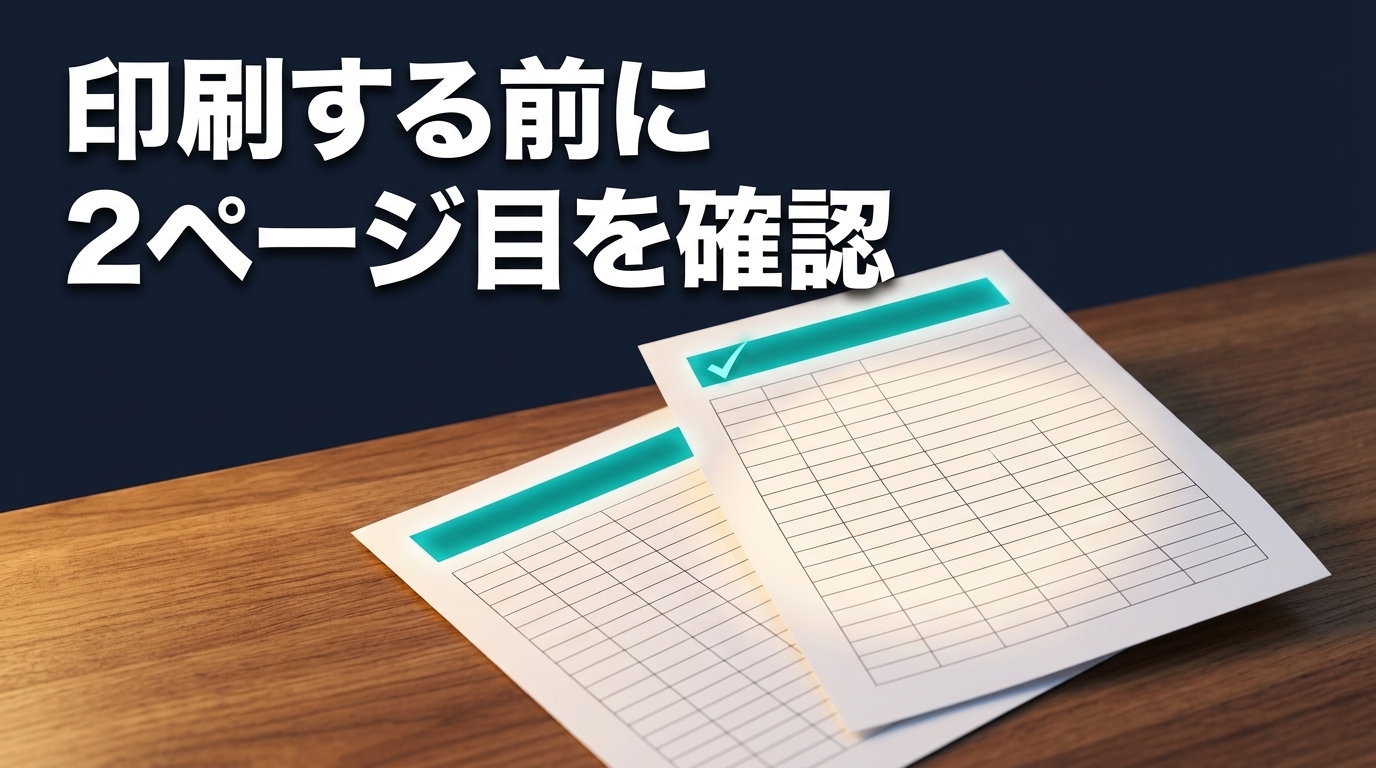 同じ見出し帯がある2枚の用紙と、2枚目の帯に付いたチェック。印刷前に2ページ目の見出しを確認するイメージ