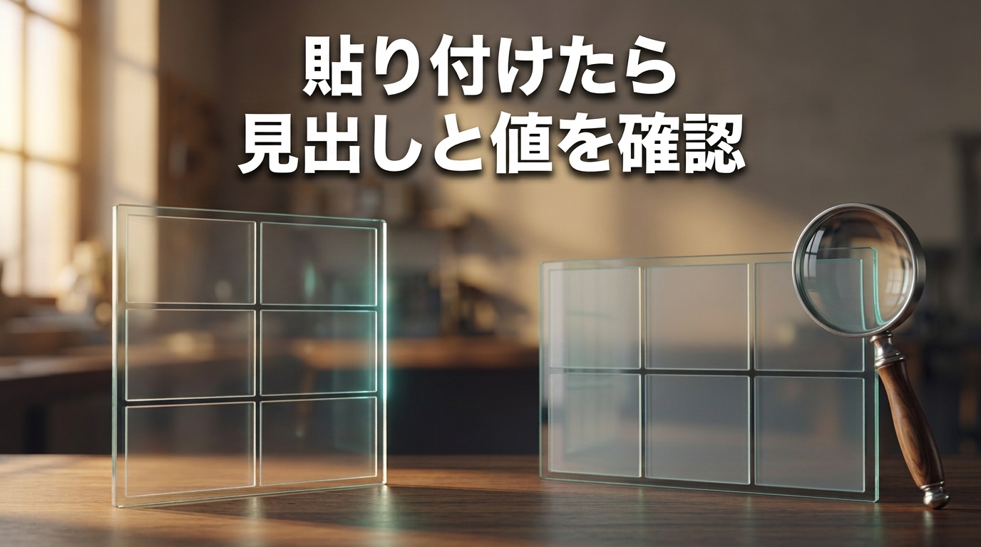 縦3行・横2列の透明な表と、縦2行・横3列の表を虫眼鏡で確認する生成イメージ。貼り付けたら見出しと値を確認、という見出し。