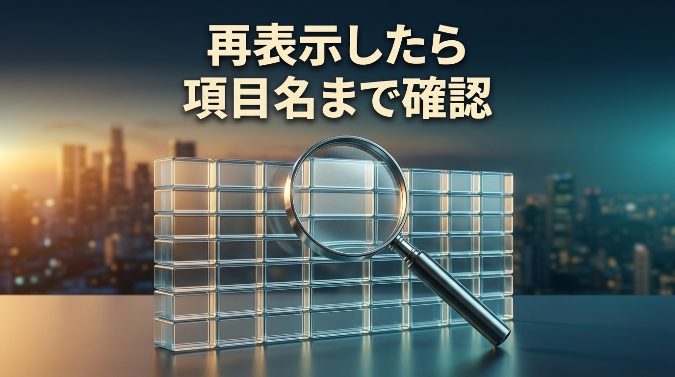 再表示した列の項目名まで確認することを、ガラスの表と虫眼鏡で示した概念イメージ