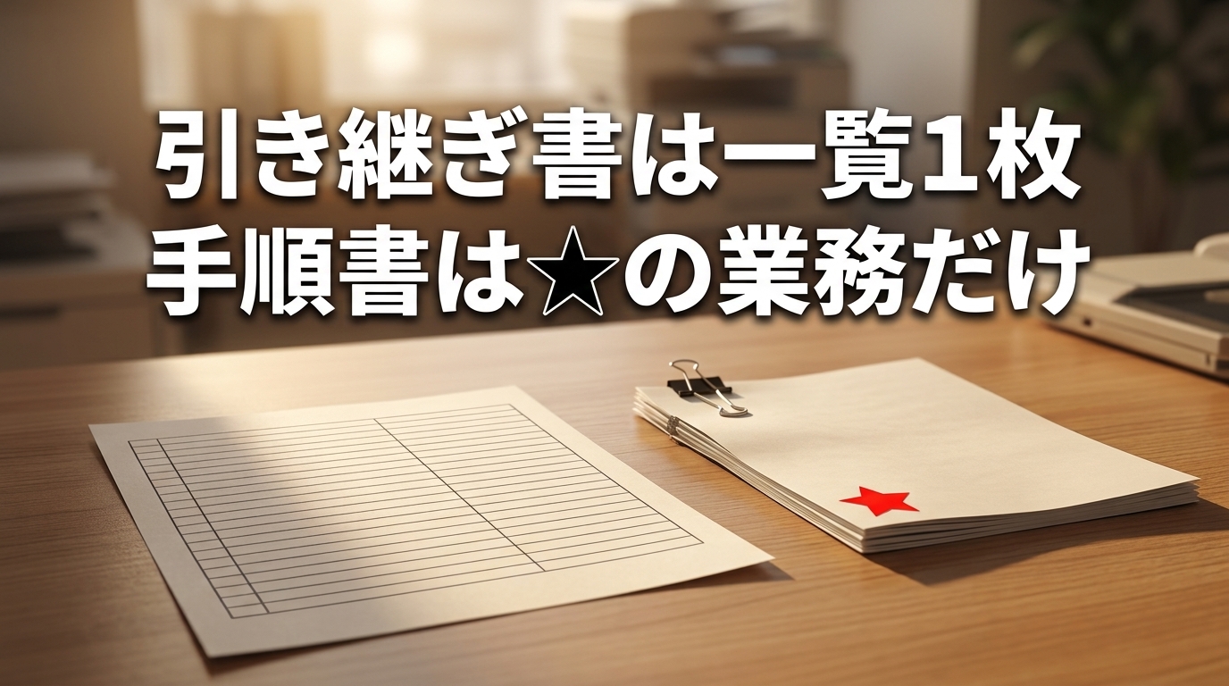 罫線だけの一覧表の紙1枚と、赤い星のシールを貼った薄い手順書を机に並べ、「引き継ぎ書は一覧1枚 手順書は★の業務だけ」という見出しを添えた生成イメージ