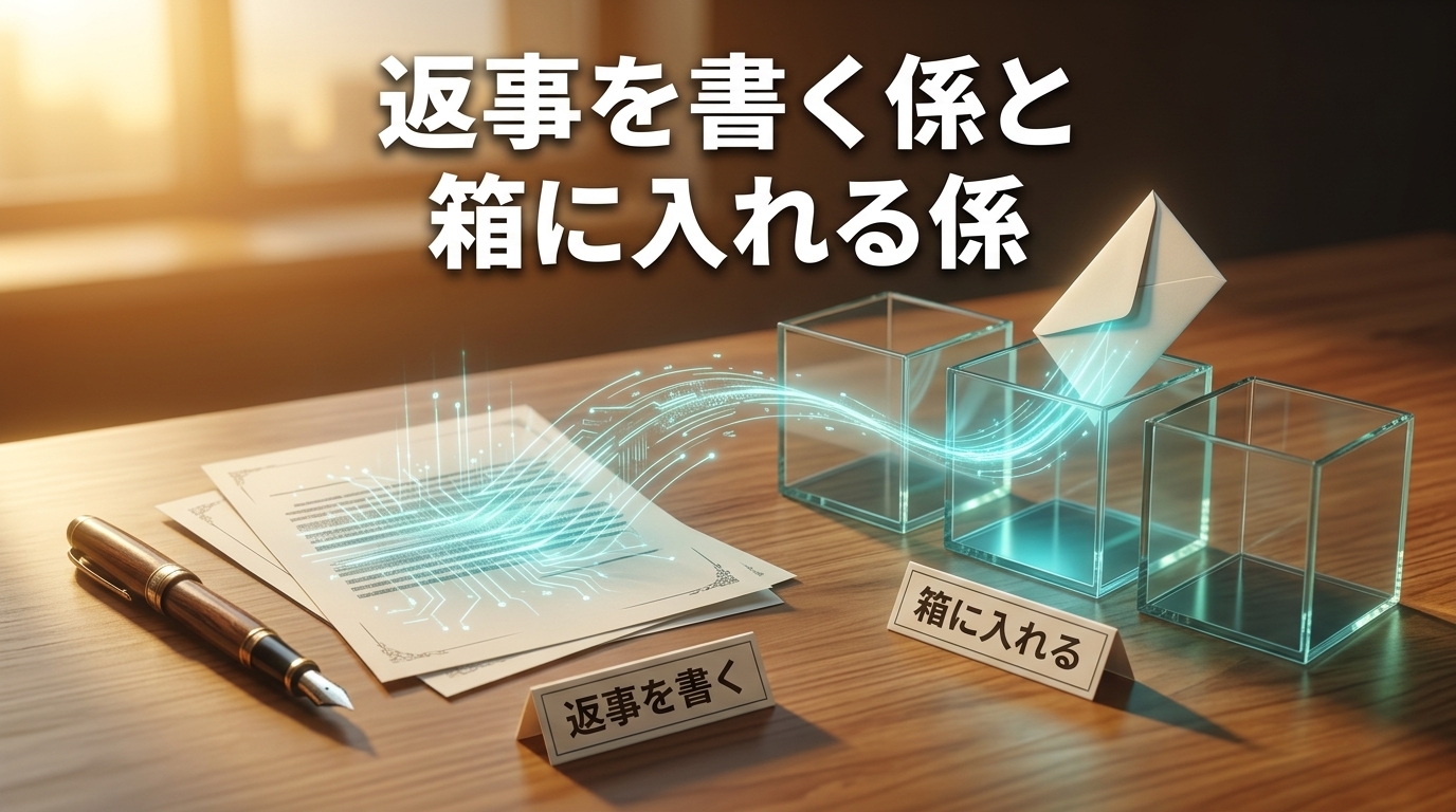ペンと便せんで返事を書く係と、封筒をガラスの箱に入れる係を並べ、文章で答えるAIと判定だけを返すAIの違いを表した生成イメージ