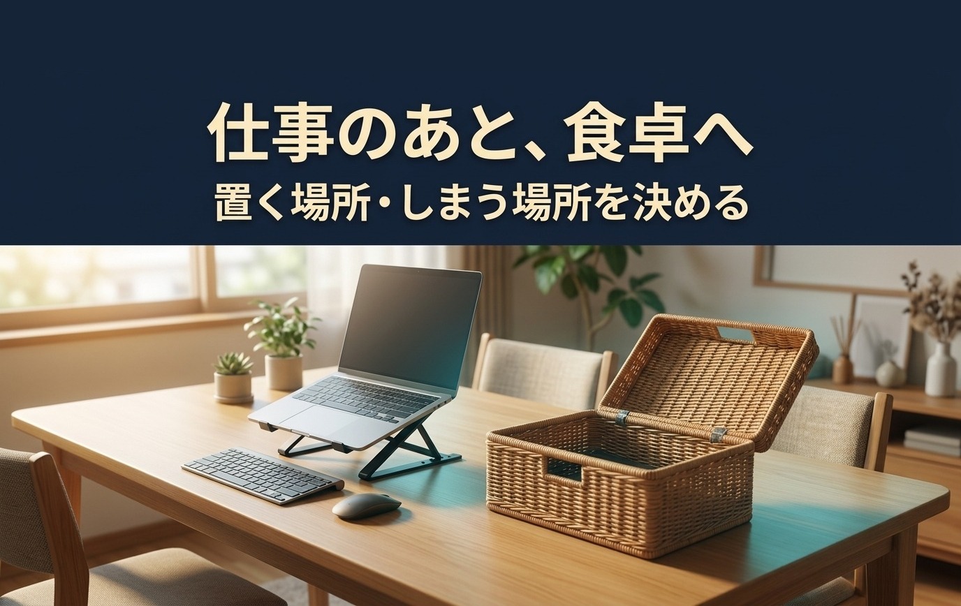食卓に置いたノートPCと周辺機器、収納先を示すイメージ