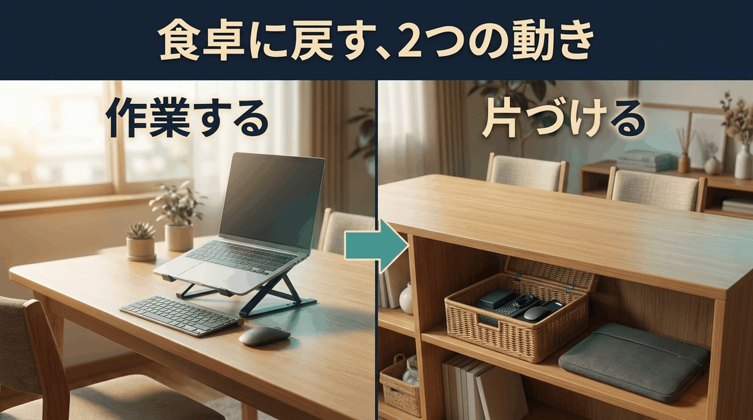 食卓での作業後にPCをケースへ、小物を収納先へ戻す流れ