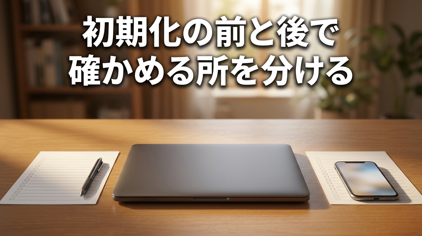 机の上の閉じたノートパソコンの左右に、罫線とチェック欄だけの白いメモ用紙が1枚ずつ置かれ、左にペン、右にスマートフォンがあり、「初期化の前と後で 確かめる所を分ける」という見出しを添えた生成イメージ