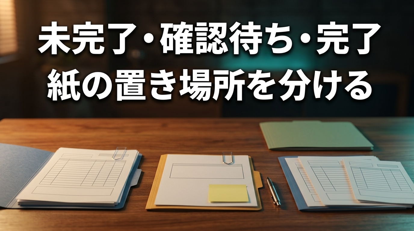 未完了・確認待ち・完了に応じて、紙資料を3つの置き場所へ分けた机のイメージ