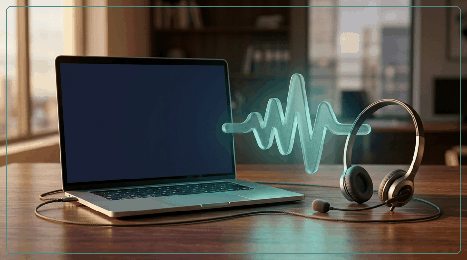 パソコンとヘッドセットの間に音声波形を描いた、音声確認のイメージ