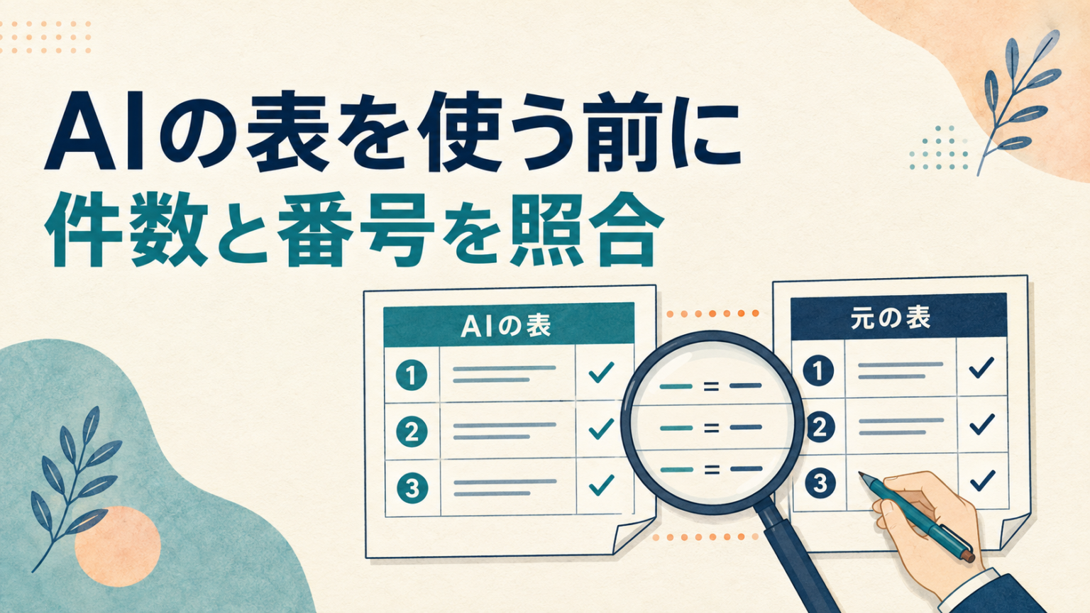 元の表とAIの出力表を並べ、件数と管理番号を照合するイメージ