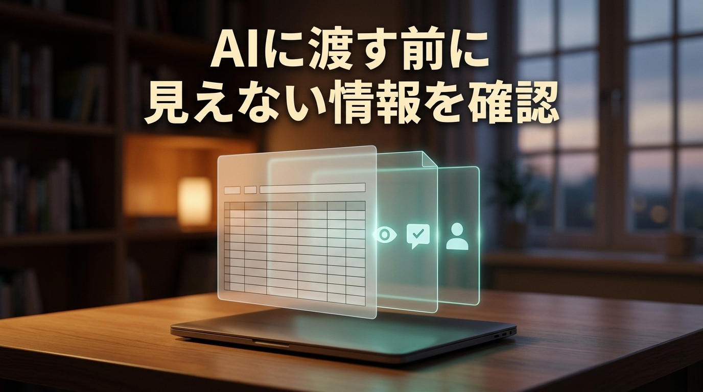 AIに渡す前にExcelファイルの見えない情報を確認するイメージ