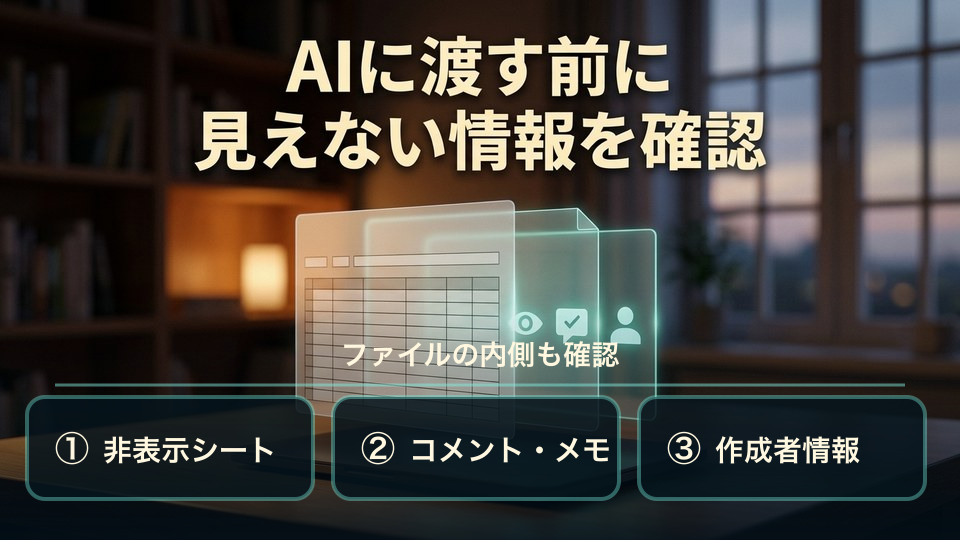 Excelファイルの非表示シート、コメント、作成者情報を順に確認する図