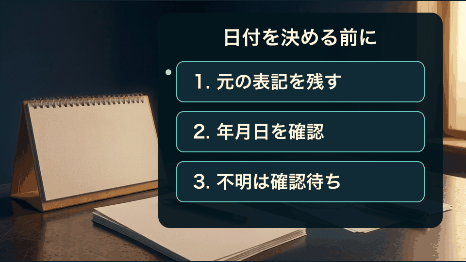 日付を決める前に、元の表記を残し、年月日を確認し、不明な値を確認待ちにする3段階の図