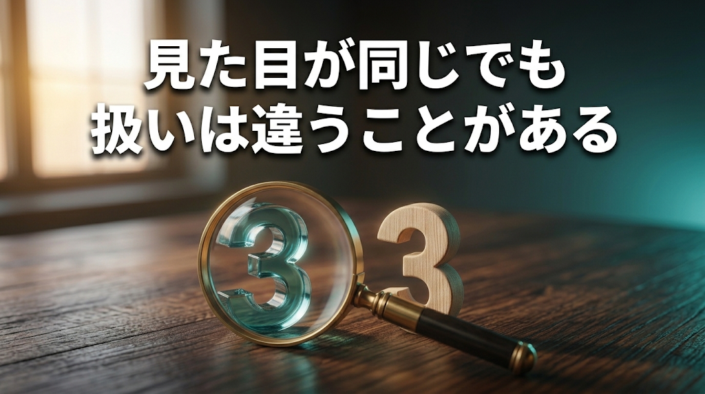 見た目が同じ数字でも数値と文字列の扱いが違うことを、木とガラスの3と虫眼鏡で示したAI生成の概念画像。