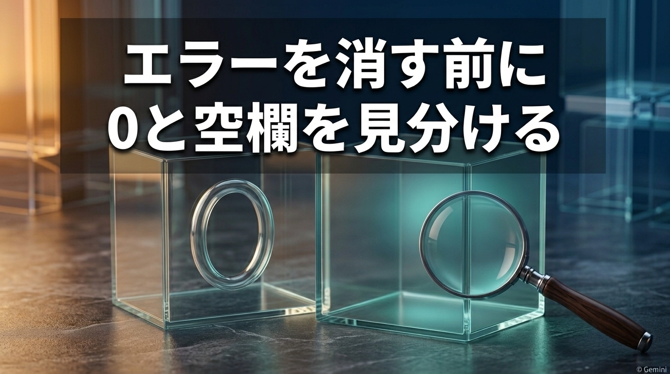 0を表す円形ガラスと空の容器を並べ、エラーを消す前に0と空欄を見分けるAI生成の概念画像。
