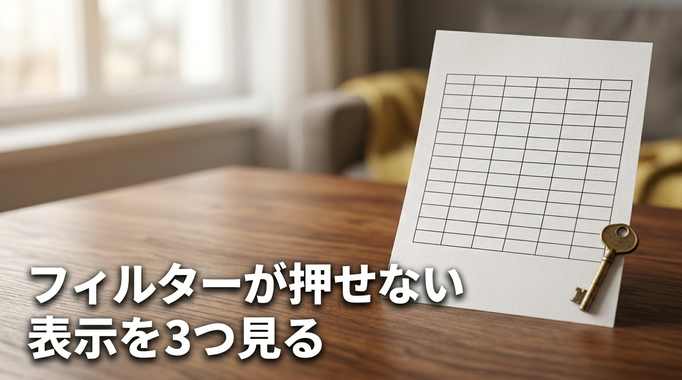 机の上の表の印刷と小さな鍵に「フィルターが押せない／表示を3つ見る」と示したAI生成の概念画像。