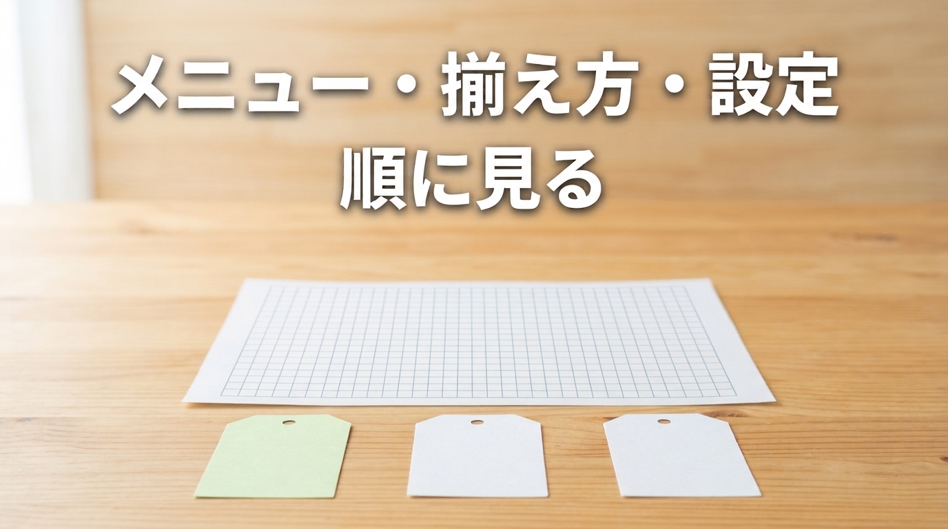 机の上のマス目だけを印刷した紙と、3枚の無地の札。上に「メニュー・揃え方・設定/順に見る」の文字を入れたAI生成の概念画像。