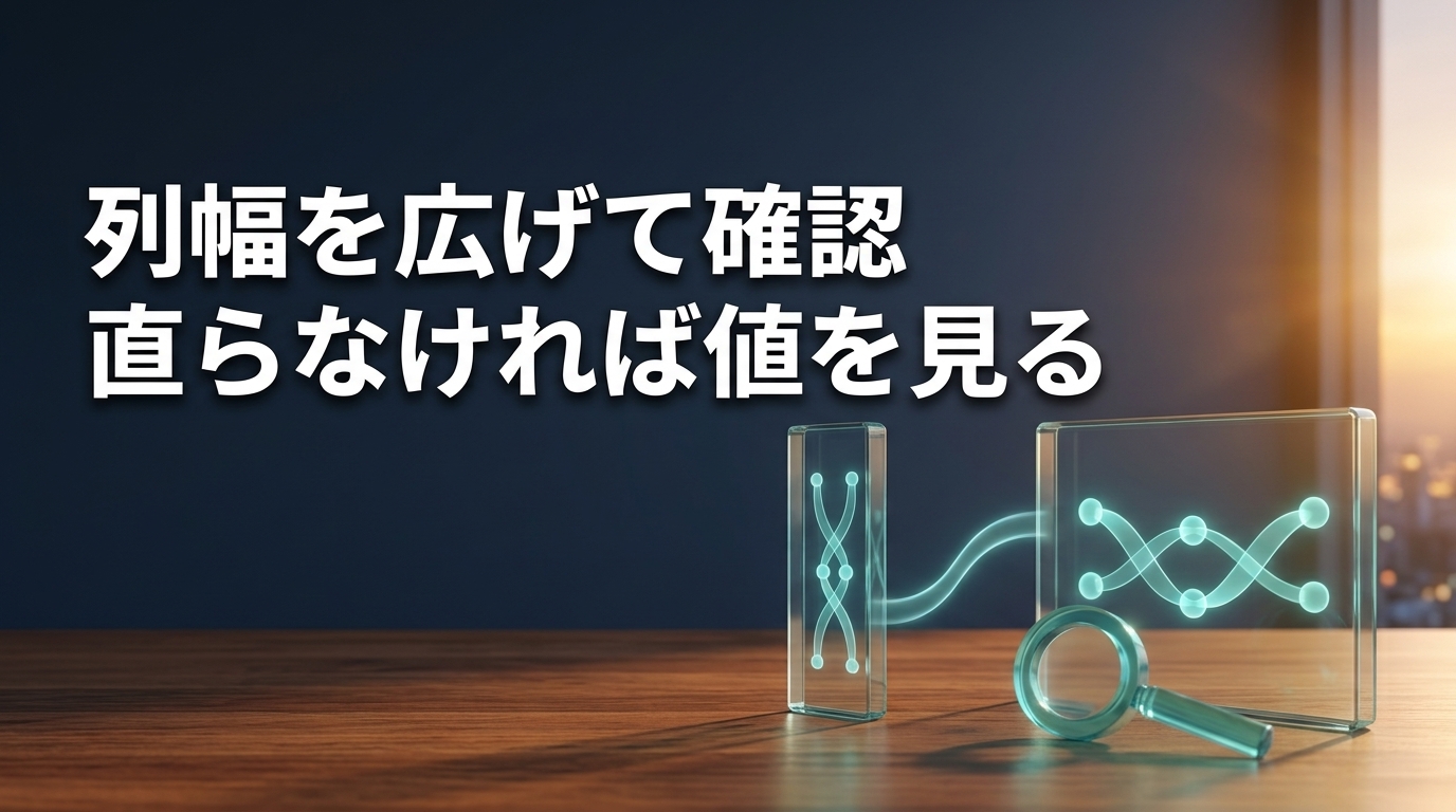 列幅を広げた表示枠と虫眼鏡で、直らないときは元の値を確認する生成イメージ。列幅を広げて確認、直らなければ値を見る。