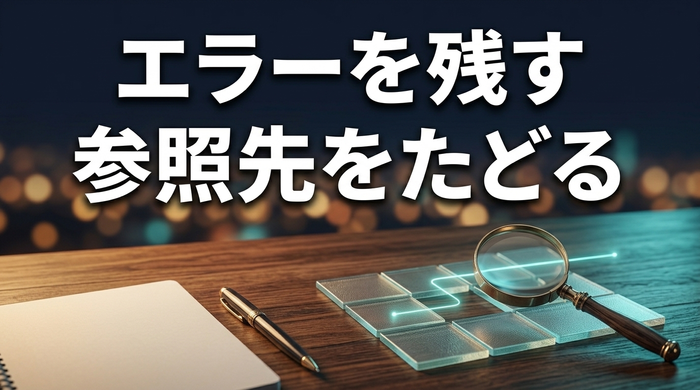 ガラスのセルと虫眼鏡、メモを配し、エラーを残して参照先をたどる考え方を示したAI生成の概念画像。