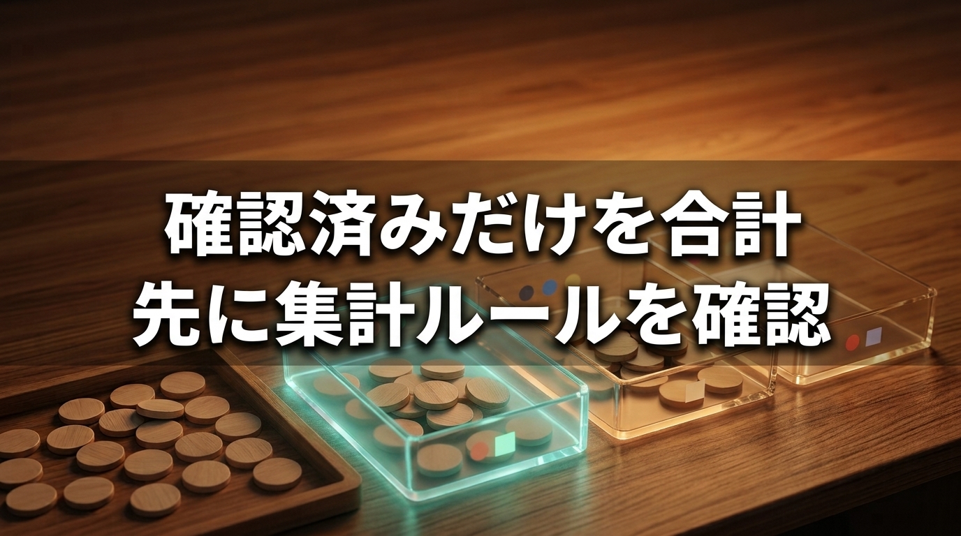 木製チップを透明なトレイに分け、確認済みだけを合計する前に集計ルールを確認する考え方を示したAI生成の概念画像。