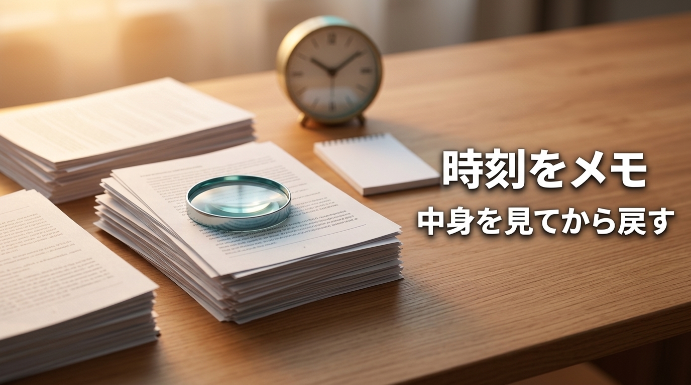 時計と重ねた書類の束、虫眼鏡を配し、保存した日時から前の版を探す考え方を示したAI生成の概念画像。