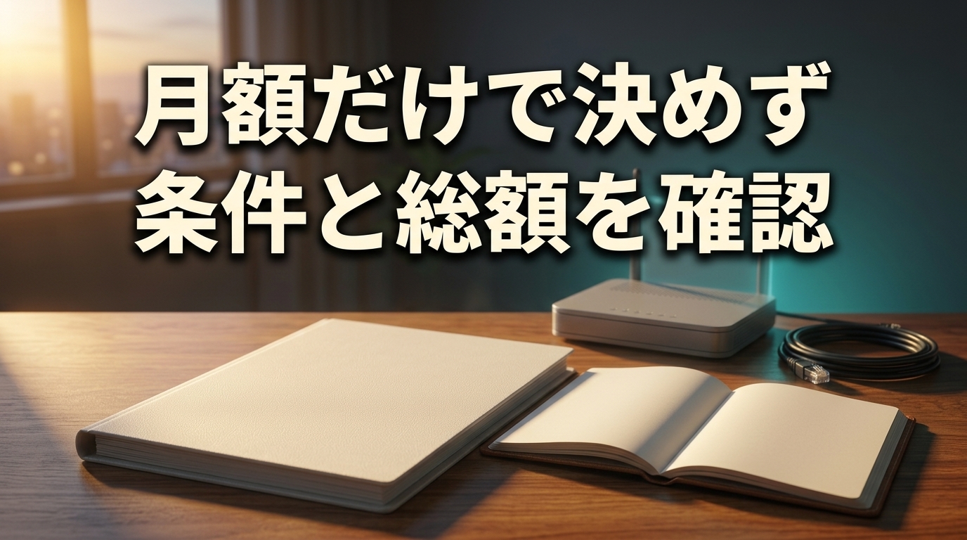 月額だけで決めず条件と総額を確認することを示す、契約書とネット回線機器のAI生成概念画像